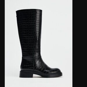 NWT ZARA CROC EFFECT HIGH SHAFT BOOTS BLACK